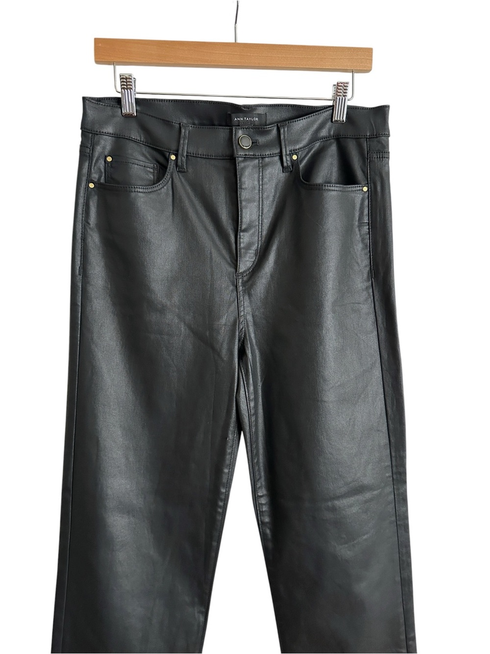 ANN TAYLOR High Rise Coated Straight Pants Black Faux Leather Vegan Leather Sz 8 - Picture 3 of 15
